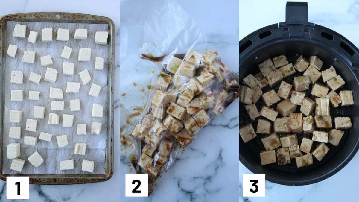 Three side by side images showing how to prepare air fryer tofu. 