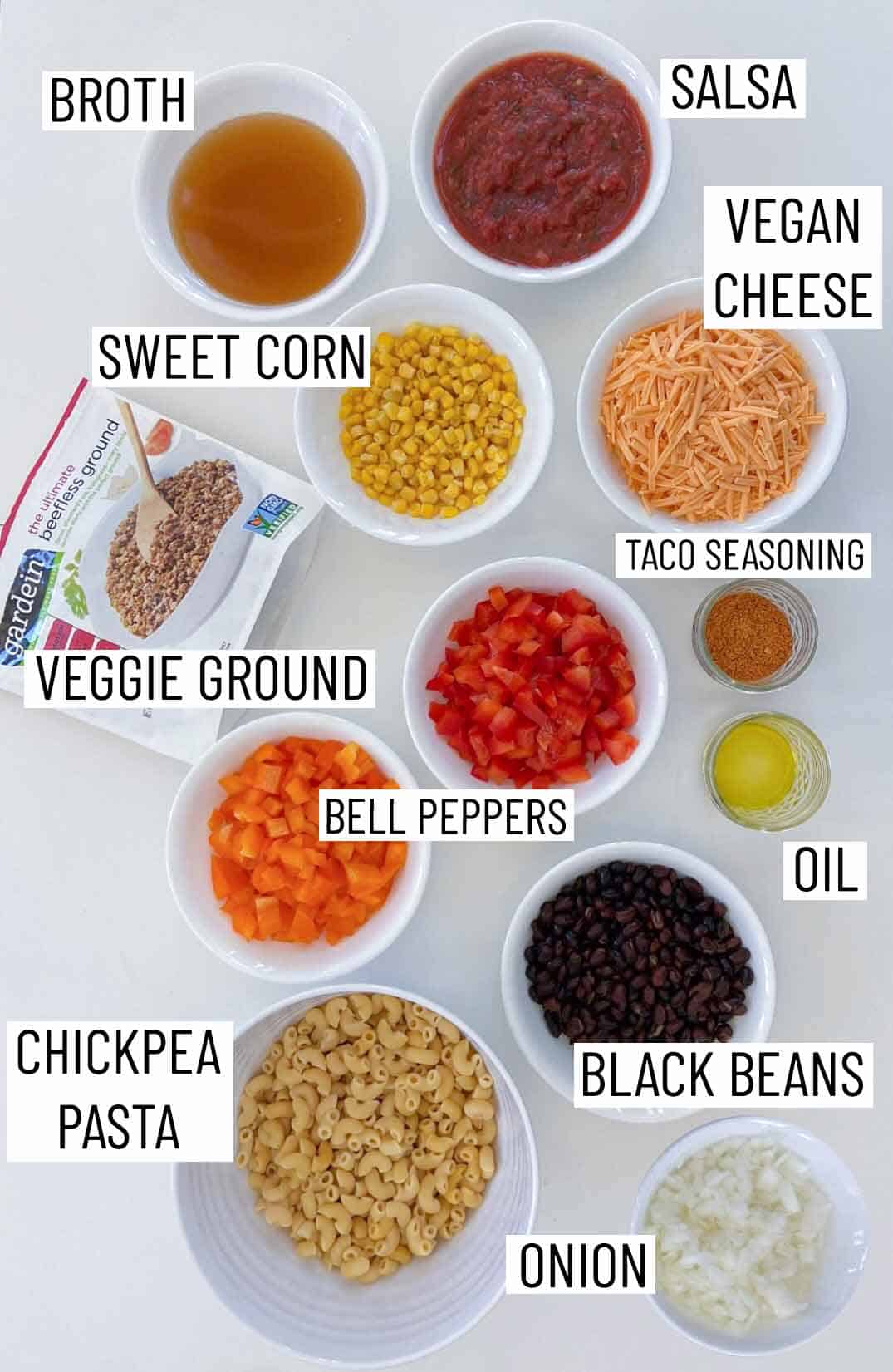 Ingredients needed to make a vegan taco casserole
