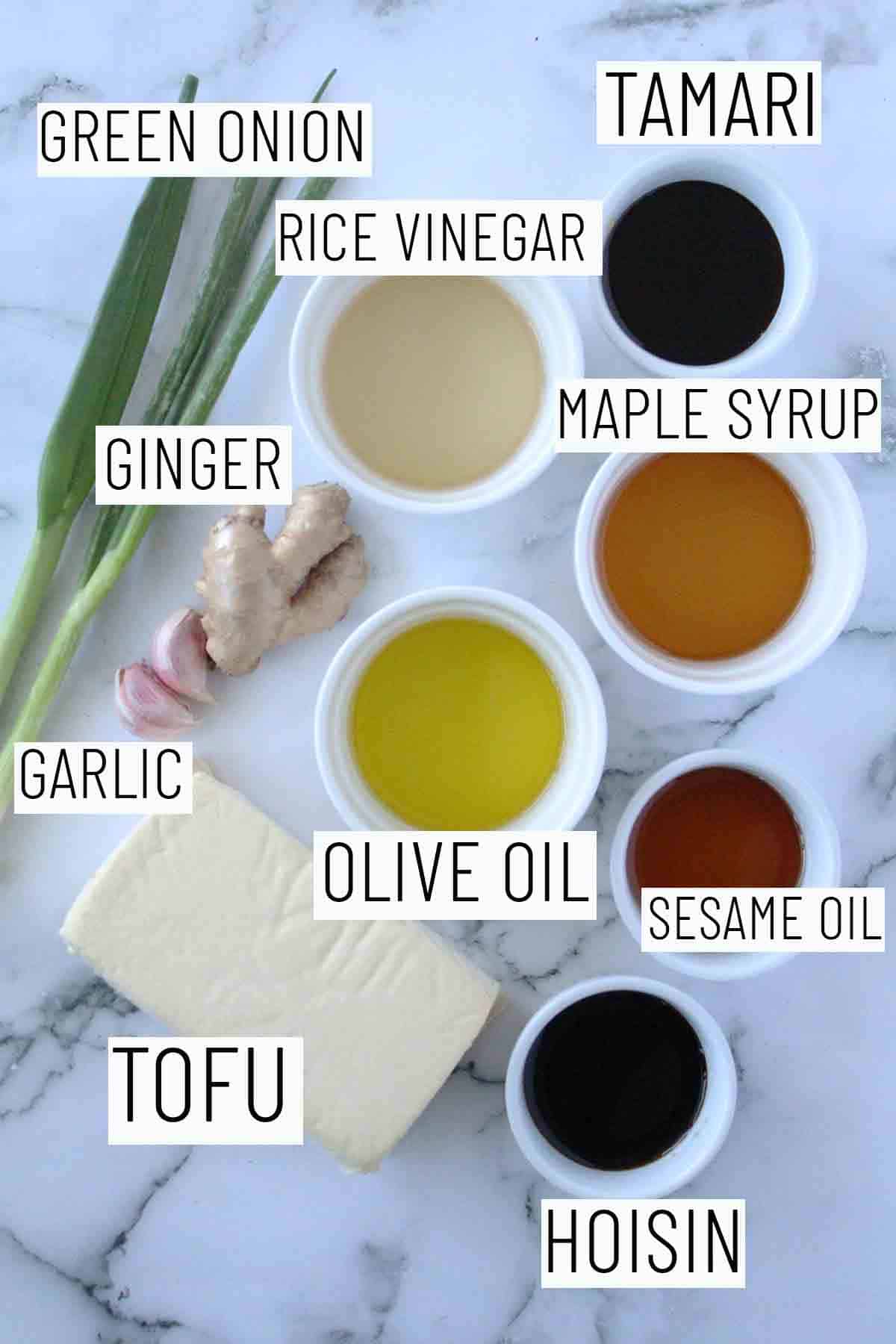 Flat lay image of portioned recipe ingredients. 