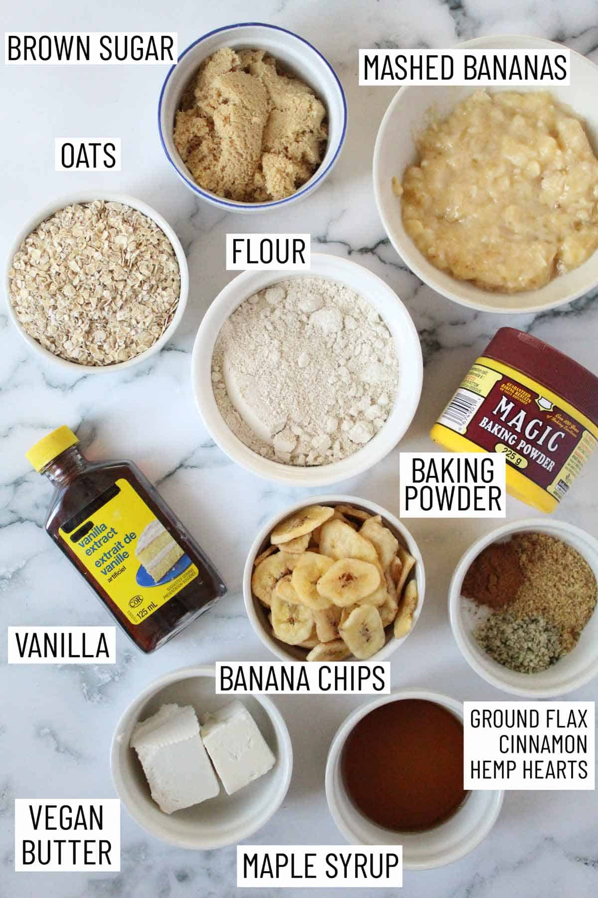 Ingredients needed to make banana vegan oatmeal cookies.