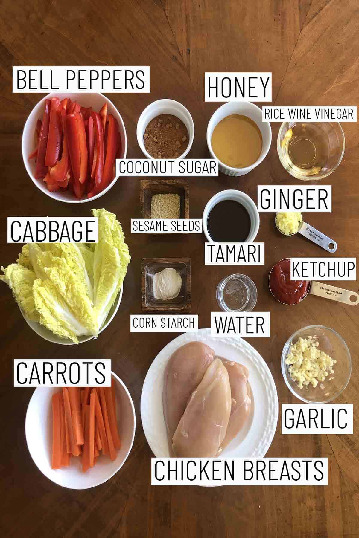 Flat lay image showing portioned recipe ingredients. 