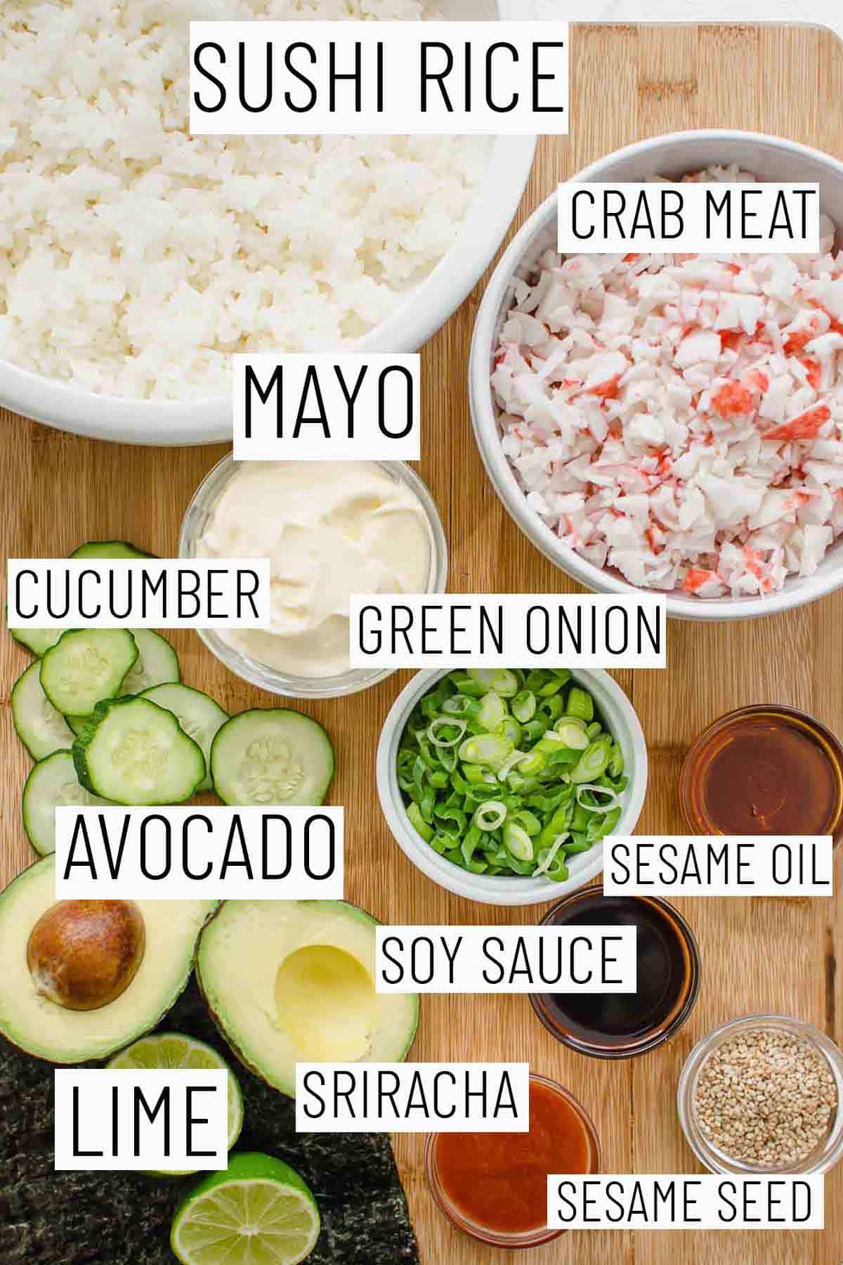 Flat lay image of portioned recipe ingredients.