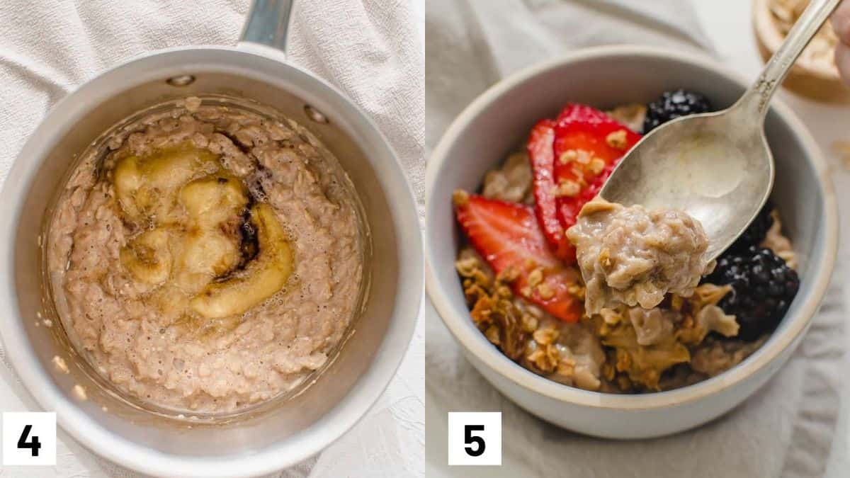 Two side by side images showing final oat mixture with toppings. 