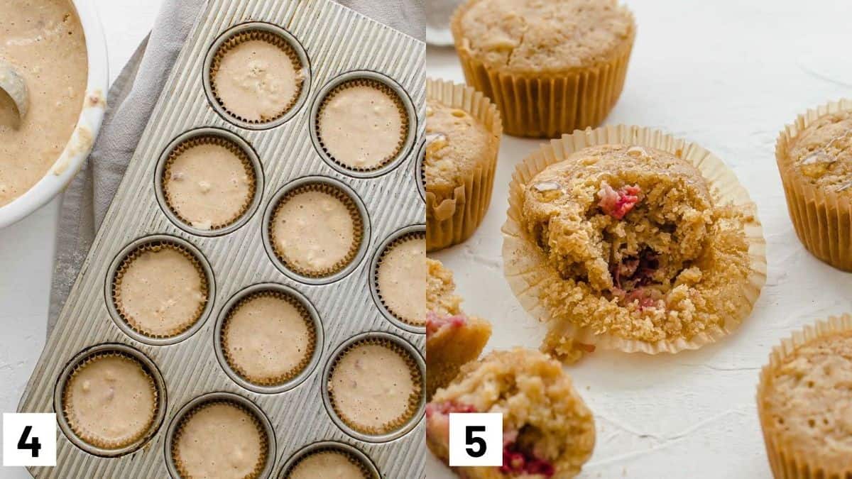 Two side by side images showing how to portion batter in muffin tin and final baked muffins. 