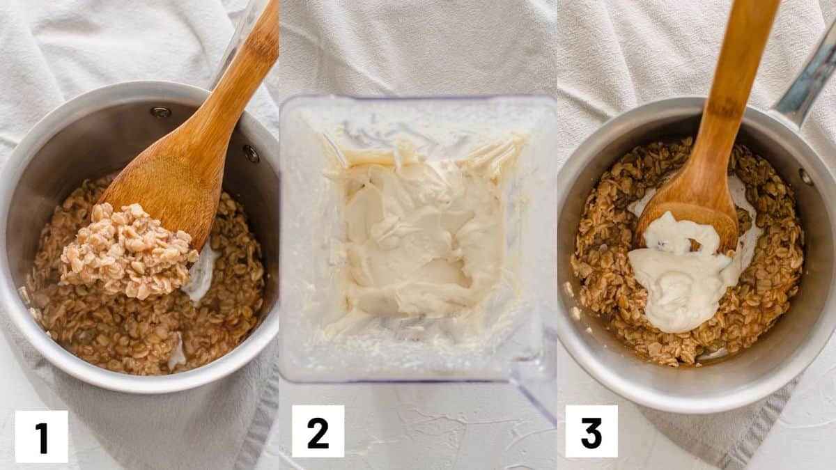 Three side by side images showing how to prepare oats and tofu. 