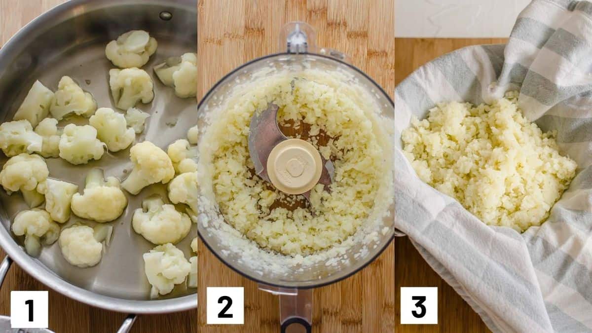 Three side by side images showing how to prepare cauliflower.