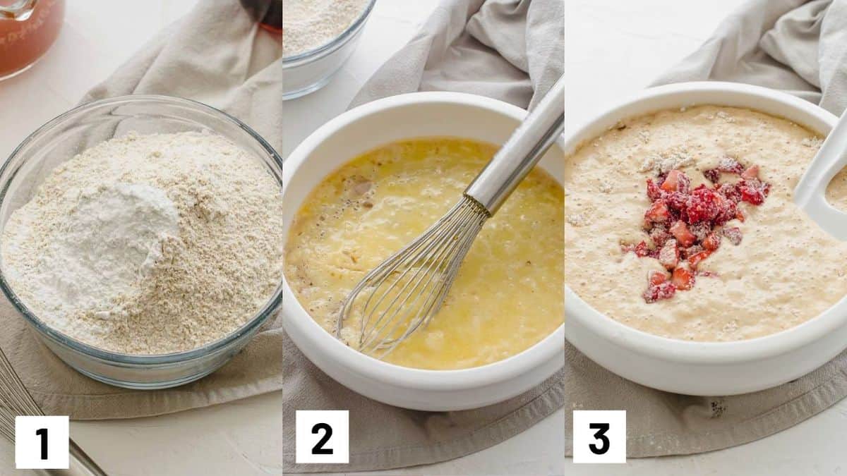 Three side by side images showing how to prepare dry and wet batter.