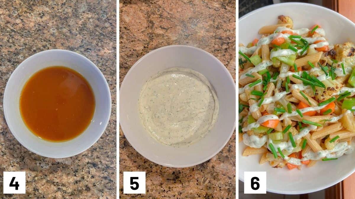 Set of three photos showing sauce being made, ranch sauce in a bowl, and then the recipe assembled.