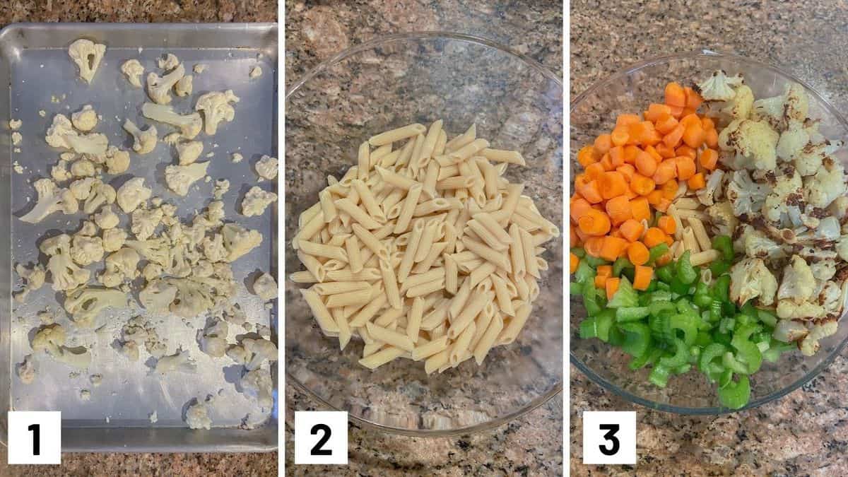 Set of three photos showing cauliflower added to a sheet pan to roast, pasta in a bowl, and vegetables added to the bowl.