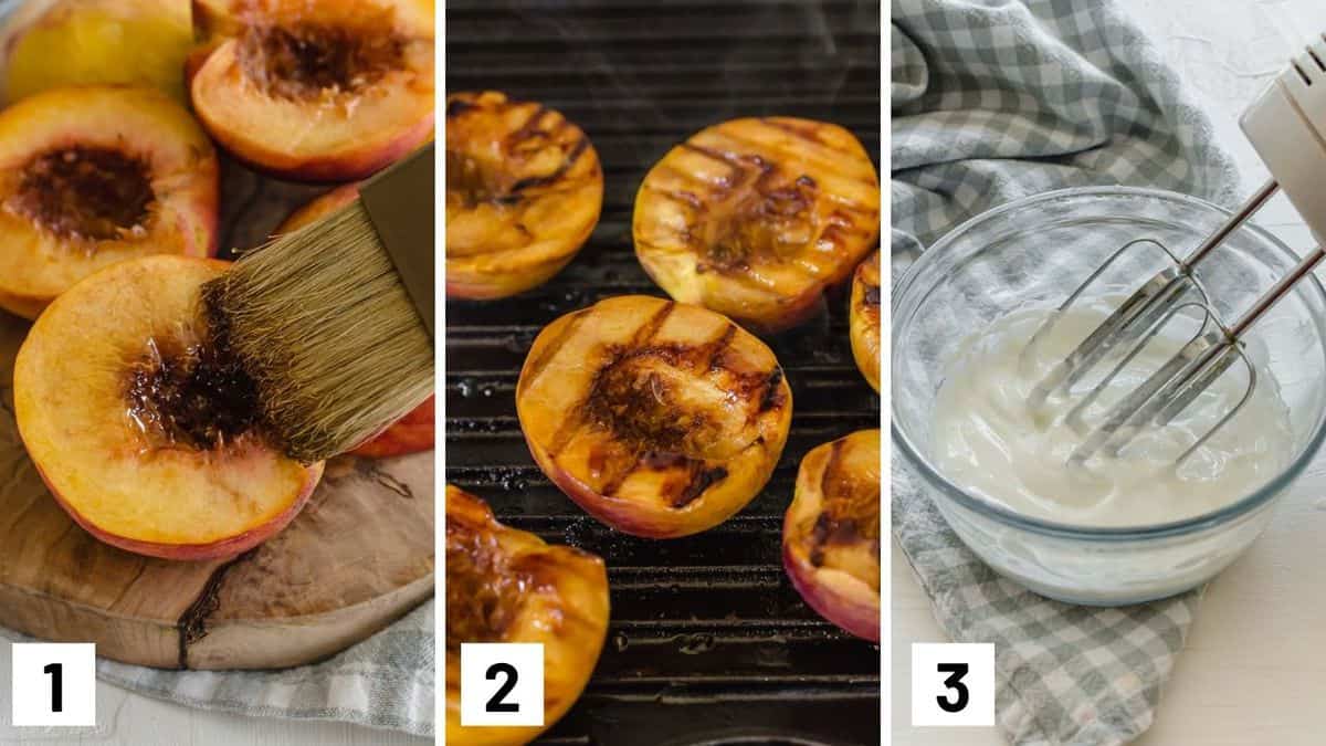 Set of three photos showing peaches being brushed and then grilled and a bowl of coconut milk being whipped.