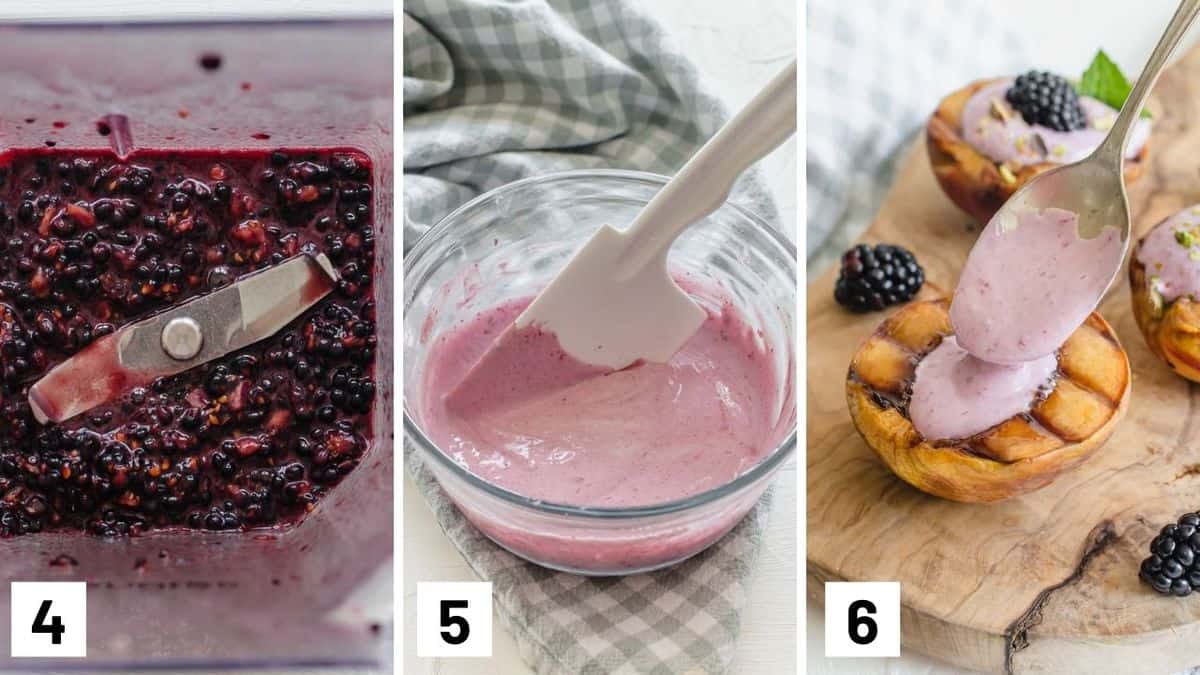 Set of three photos showing blackberries being blended then mixed with coconut cream before spooning it into half a peach.