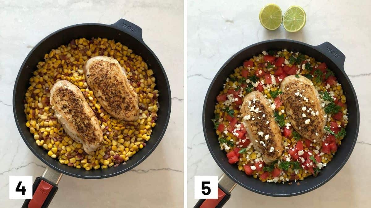 Set of two photos showing two chicken breasts over top of corn salsa and then topped with cheese and diced tomatoes.