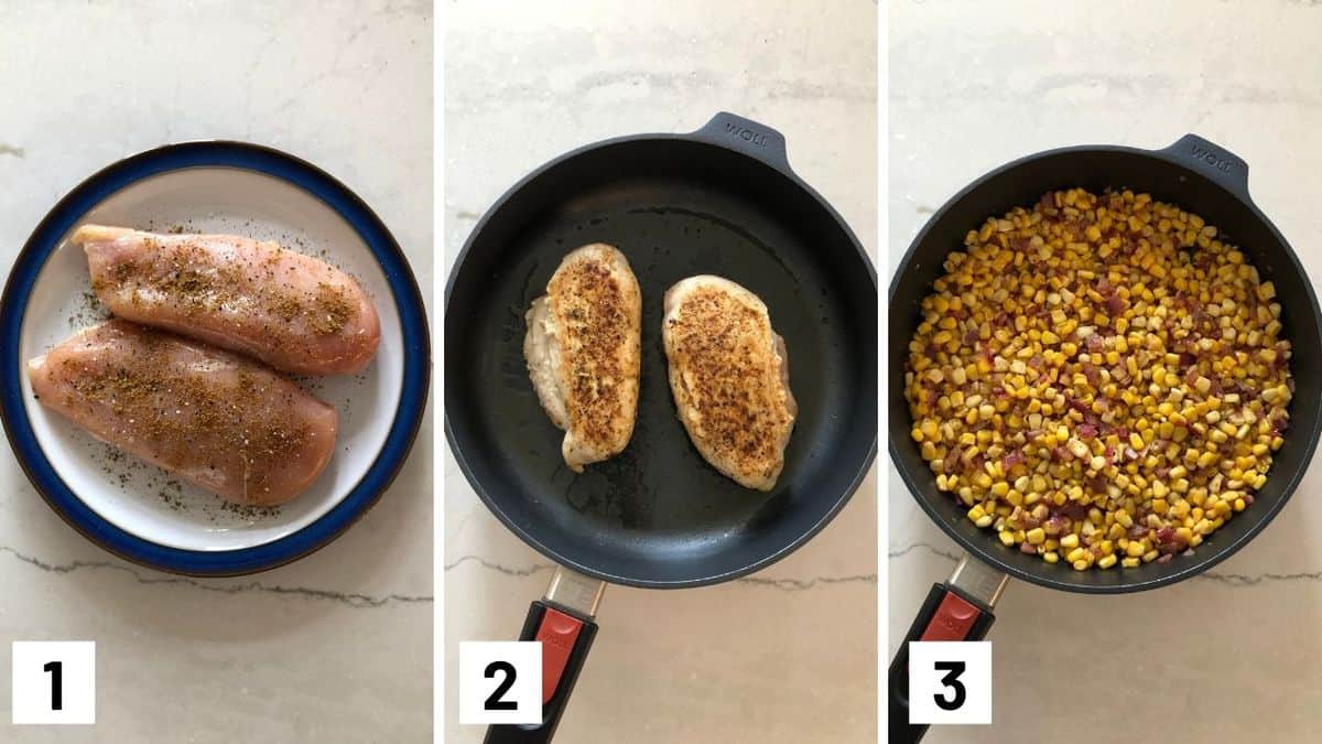 Set of three photos showing the chicken breasts seasoned, seared, and then seasoned corn in a skillet.