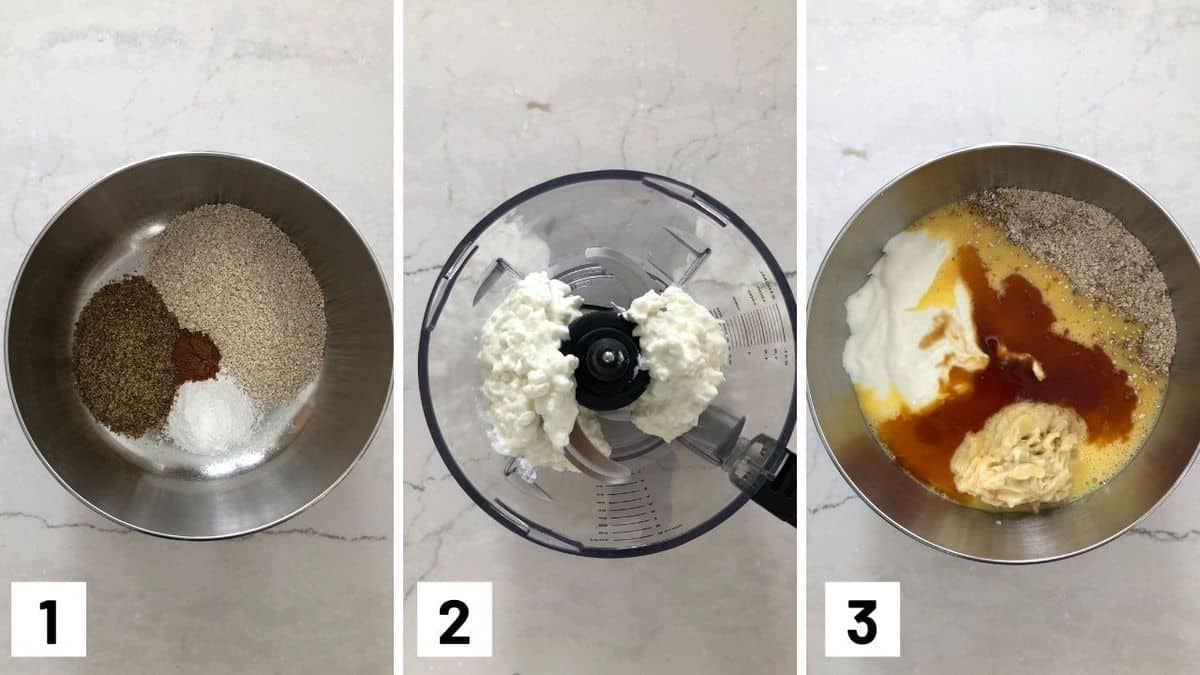 Set of three photos showing dry ingredients in a bowl, cottage cheese in a food processor, and then all ingredients combined.