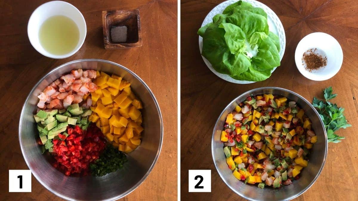 Set of two photos showing ingredients being combined for shrimp avocado salad and then served with lettuce, tajin seasoning, and cilantro.