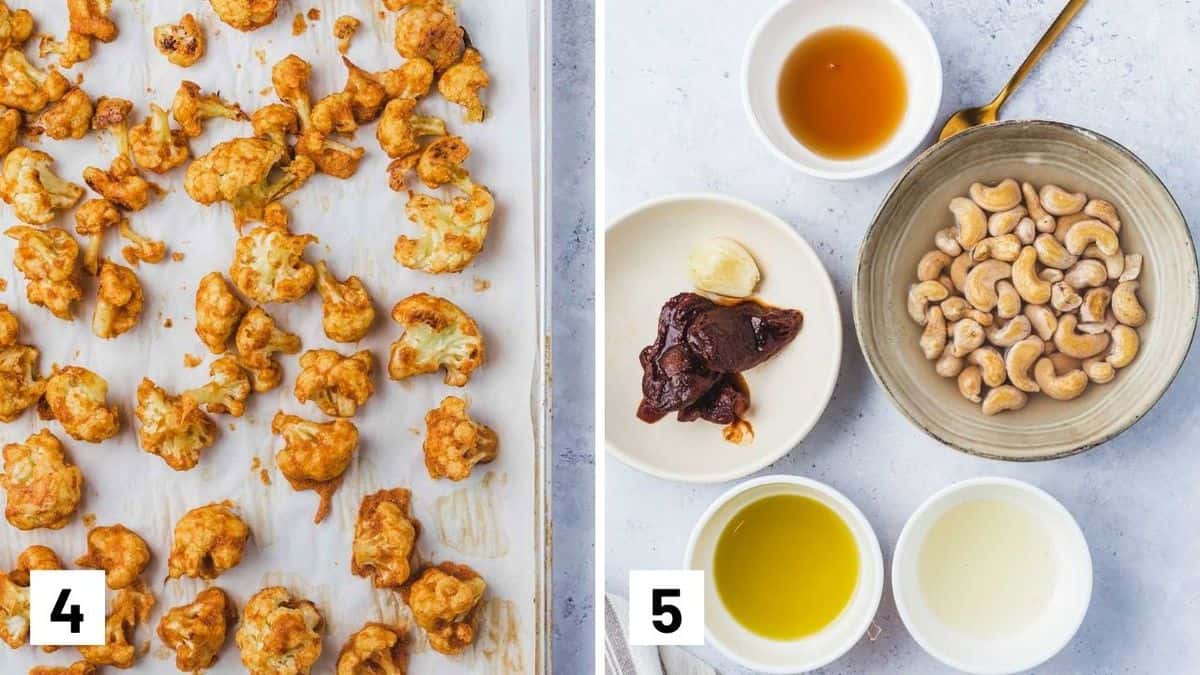 Set of two photos showing a sheet pan with baked cauliflower wings and the ingredients for a chipotle aioli.