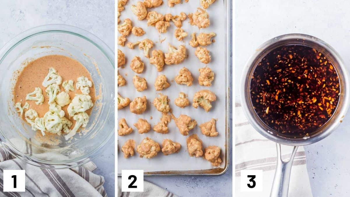 Set of three photos showing raw cauliflower florets tossed in a batter, placed on a sheet pan to be baked, and a saucepan with the "honey" garlic sauce.