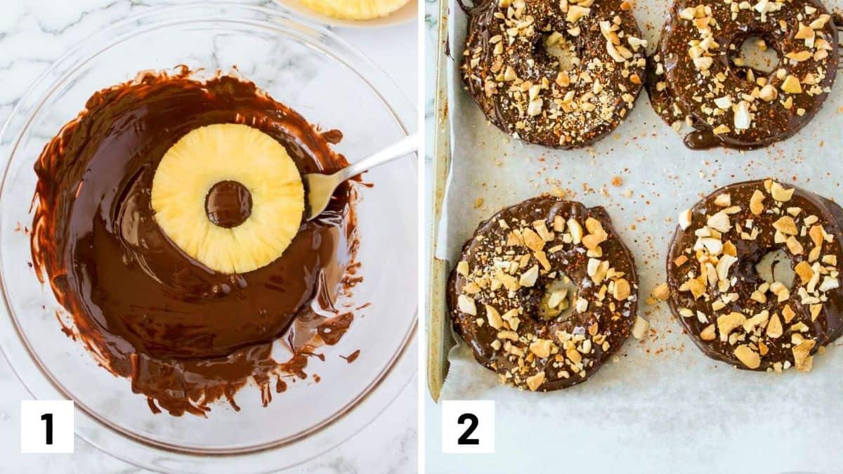 Set of two photos showing pineapple ring added to melted chocolate and then set on a sheet pan to be topped and to be set.
