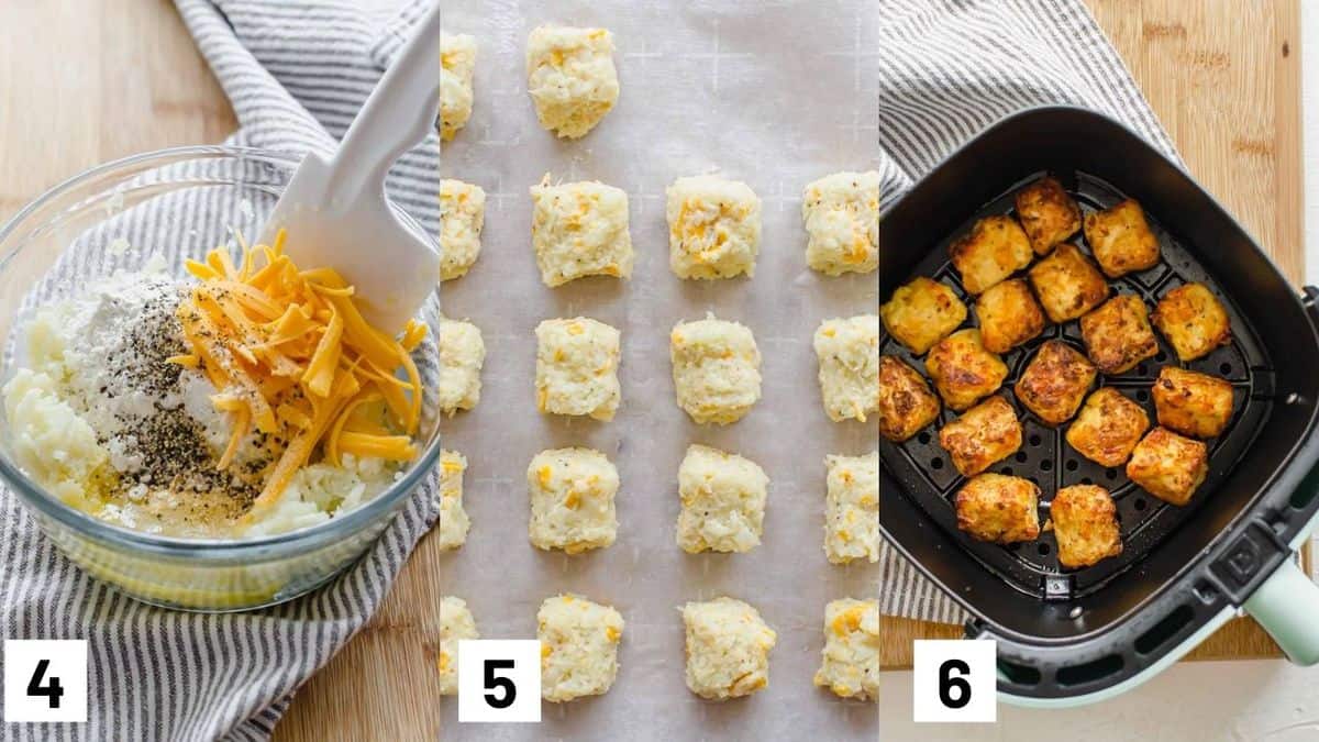 Three side by side images showing how to combine remainder of ingredients, forming into shape on a baking sheet, and frying in an air fryer. 