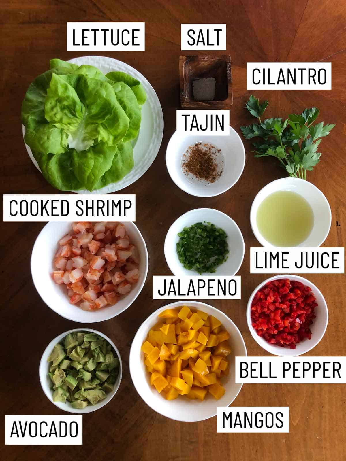 Ingredients needed to make Shrimp Avocado Salad.