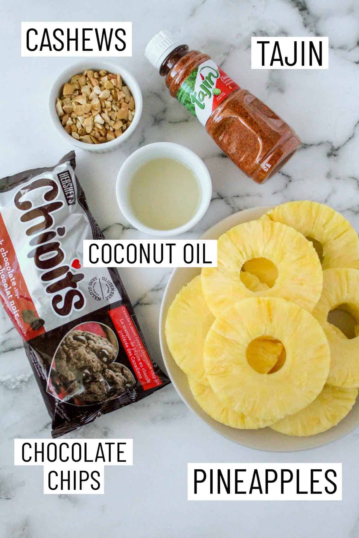 Ingredients needed to make chocolate dipped pineapple.