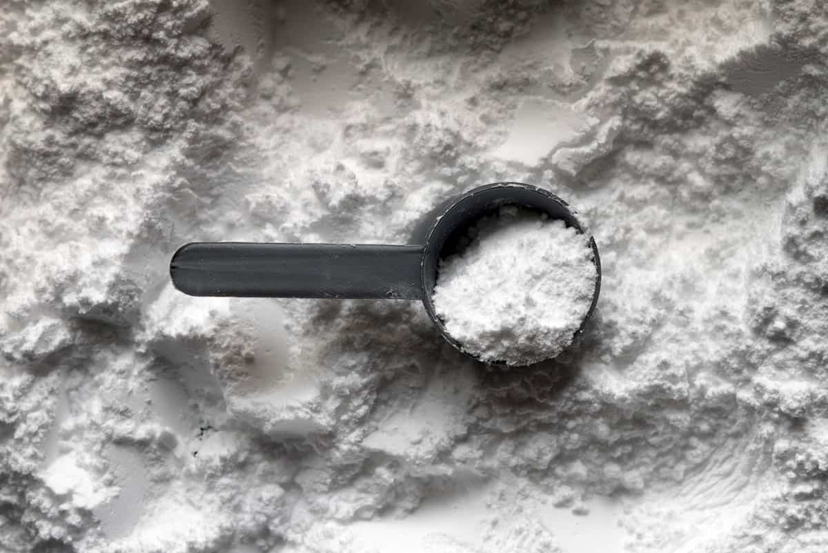 White protein powder and a scoop.