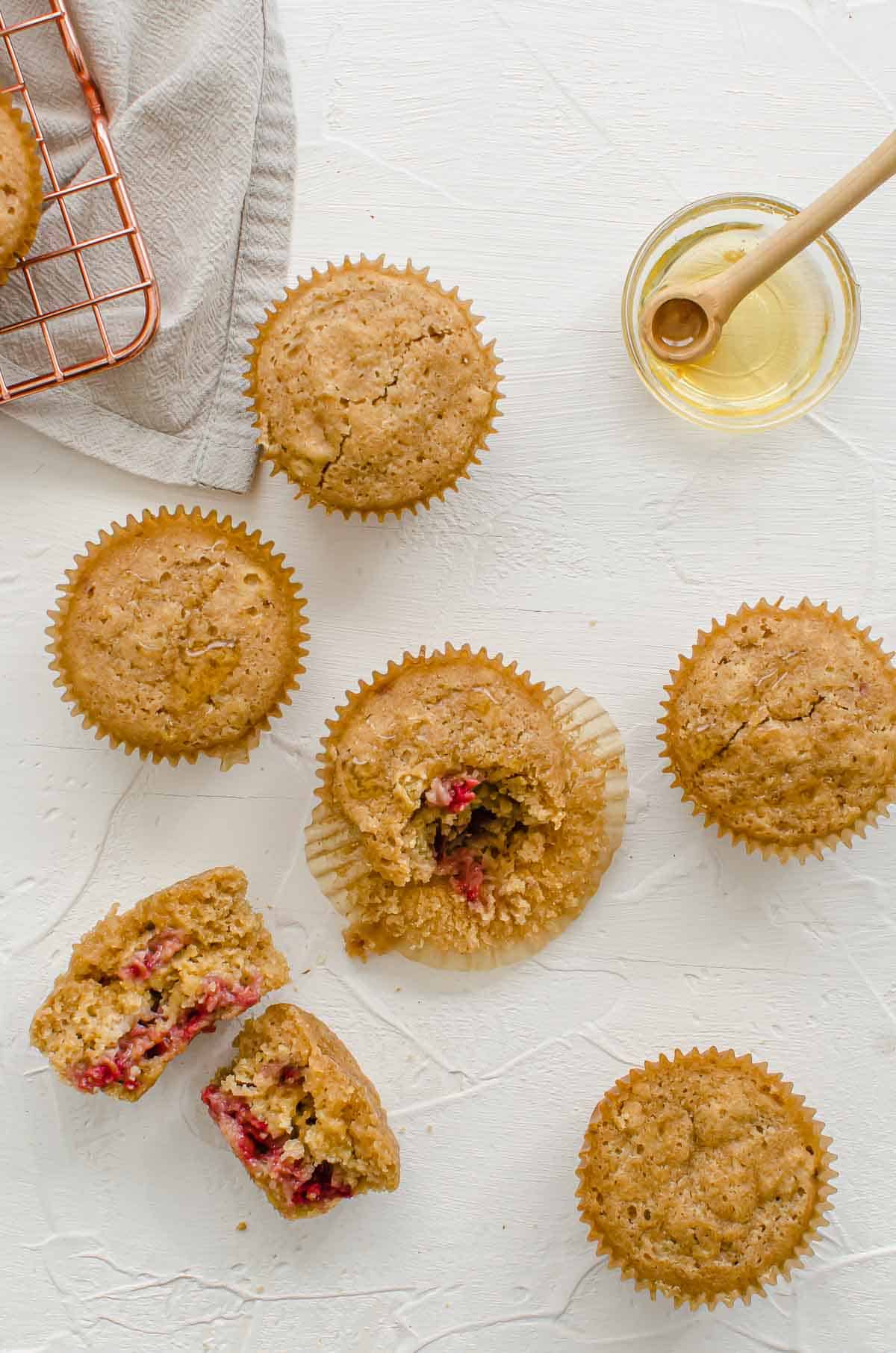 Birds eye view image of raspberry muffins. 