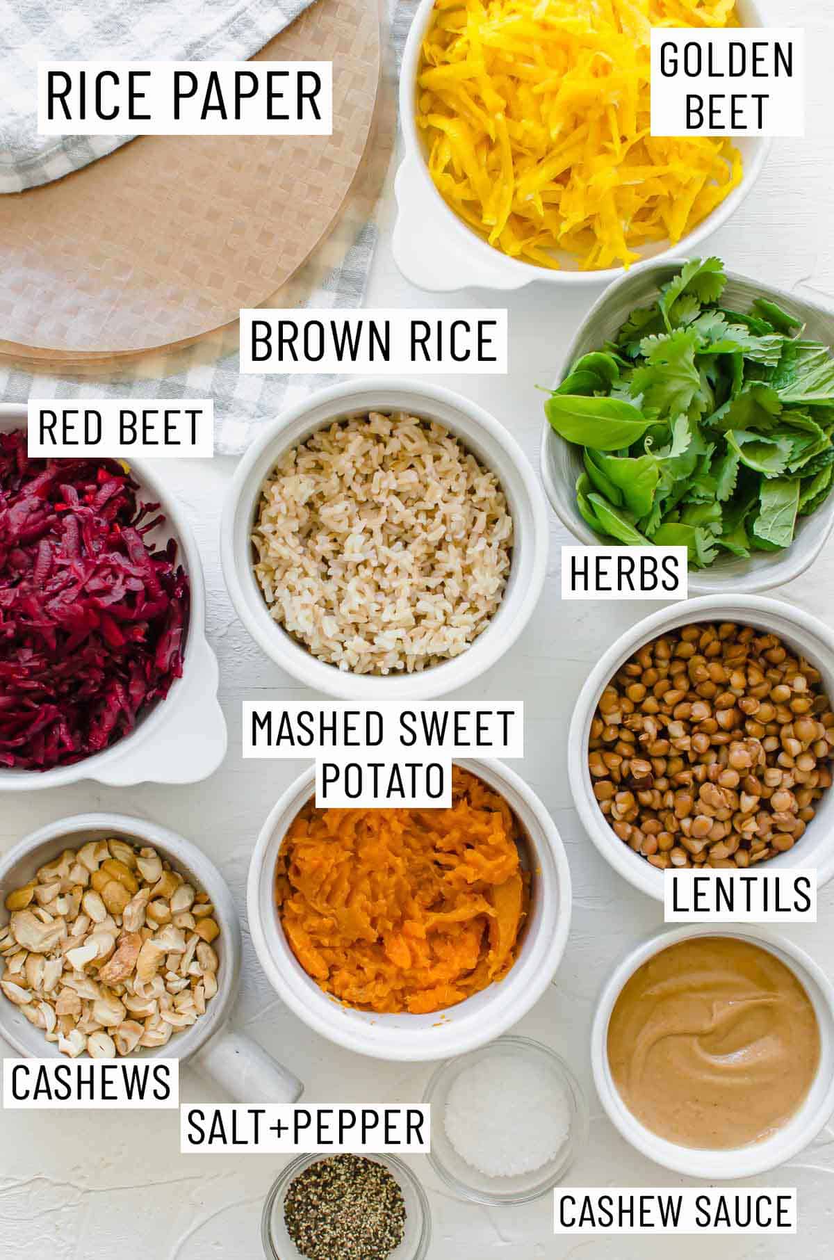 Ingredients needed to make vegetable spring rolls.