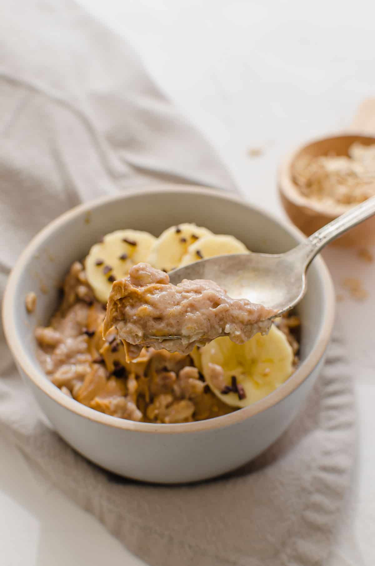 Close up of a spoonful of protein oats with bowl of oats in the background. 