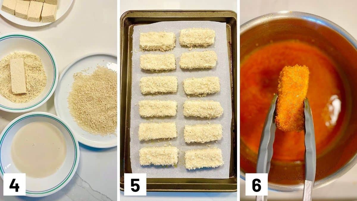 Set of three photos showing tofu breaded in bowls, placed on a sheet pan, and dipped in buffalo sauce to make spicy tofu sauce.