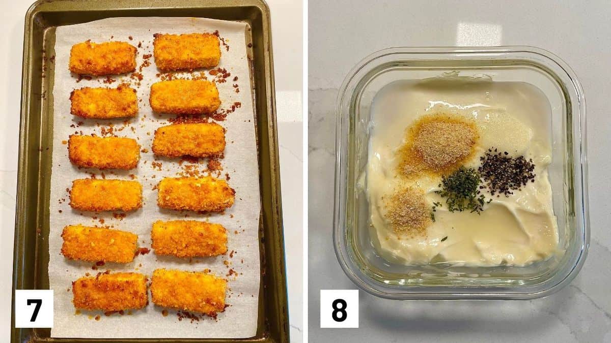 Set of two photos showing the buffalo tofu sticks firming up on a sheet pan and ranch dip being mixed.