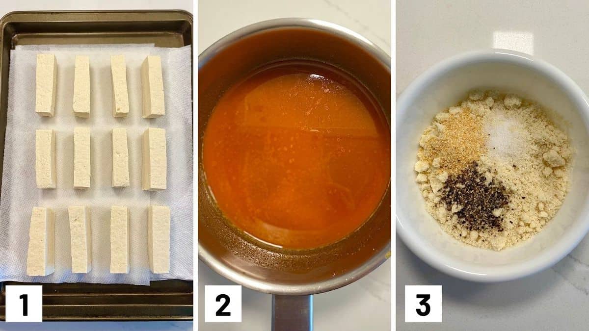 Set of three photos showing cut tofu, buffalo sauce, and dry seasoning.