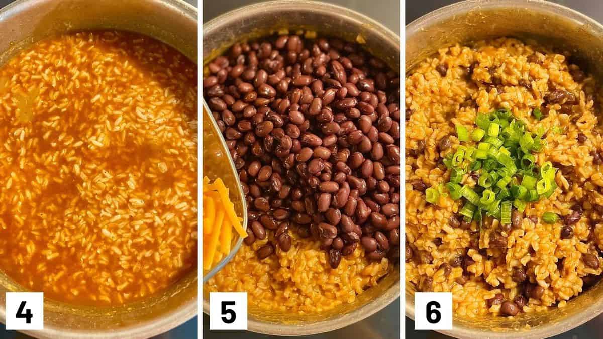 Set of three photos showing cooked rice mixed with beans, cheese, and green onions.