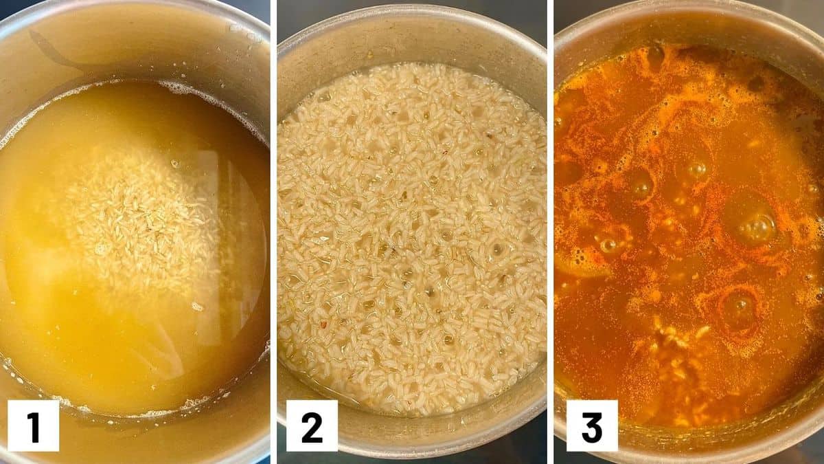 Set of three photos showing rice being cooked in broth then enchilada sauce added.