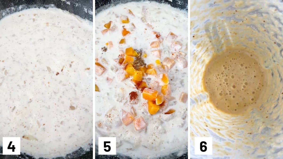 Set of three photos showing making a butternut squash sauce.