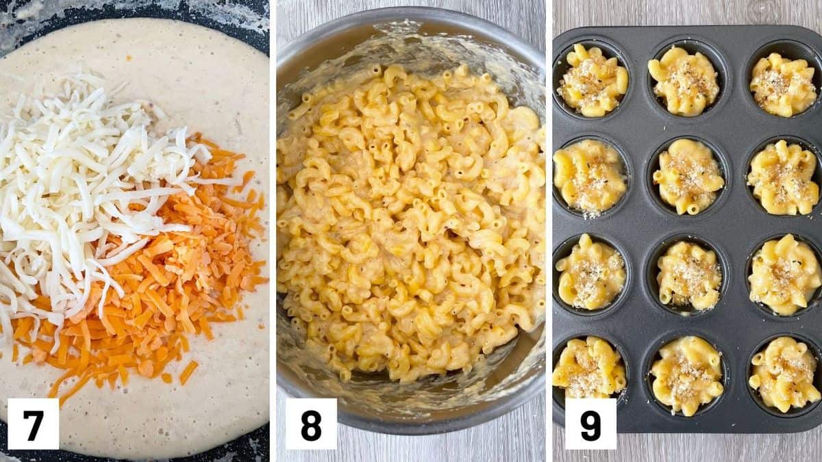 Set of three photos showing cheese sauce being made, coating pasta with it, and then transferred to a muffin tin.