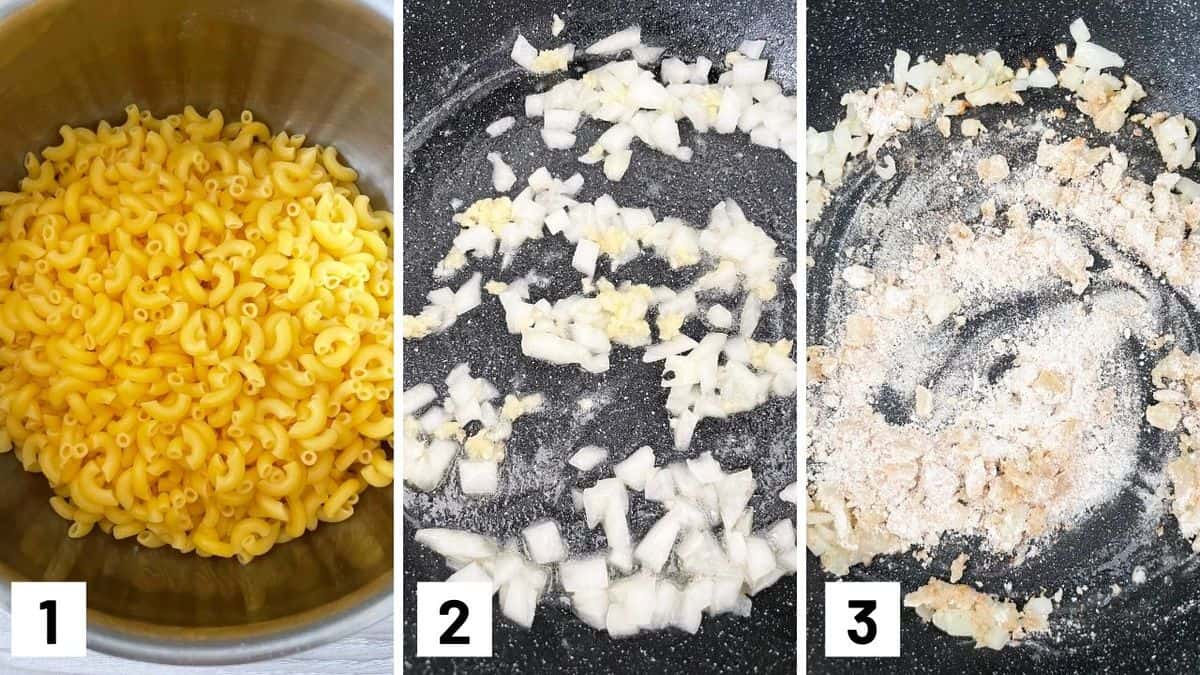 Set of three photos showing cooked pasta and making a roux.