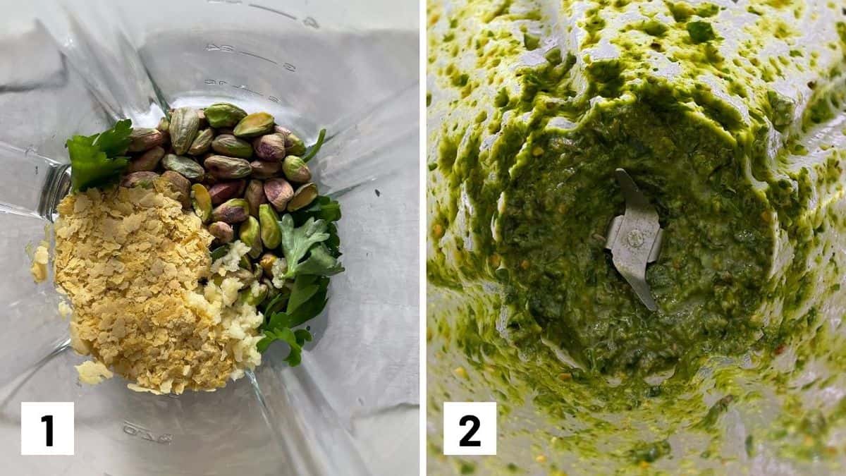 Set of two photos showing pesto ingredients in a blender then blended up.