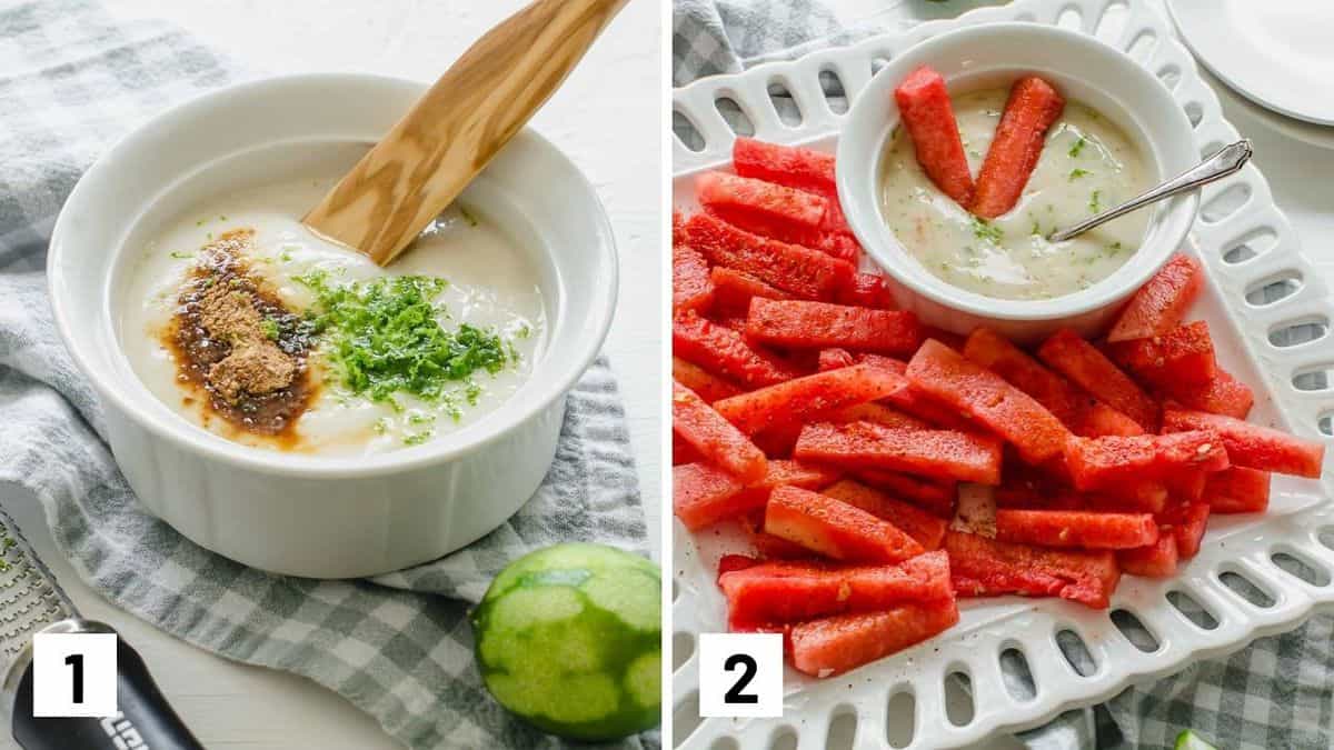 Set of two photos showing how to make the coconut lime dipping sauce and then plated with the sticks.