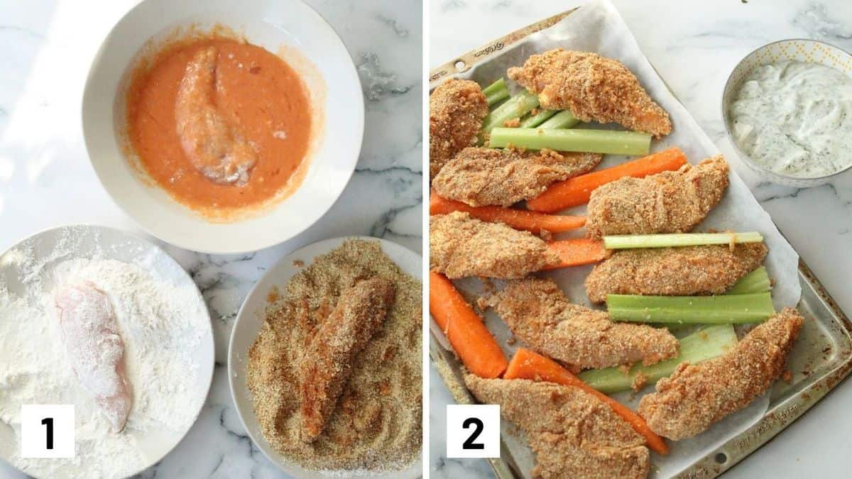 Set of two photos showing how to make buffalo chicken strips.