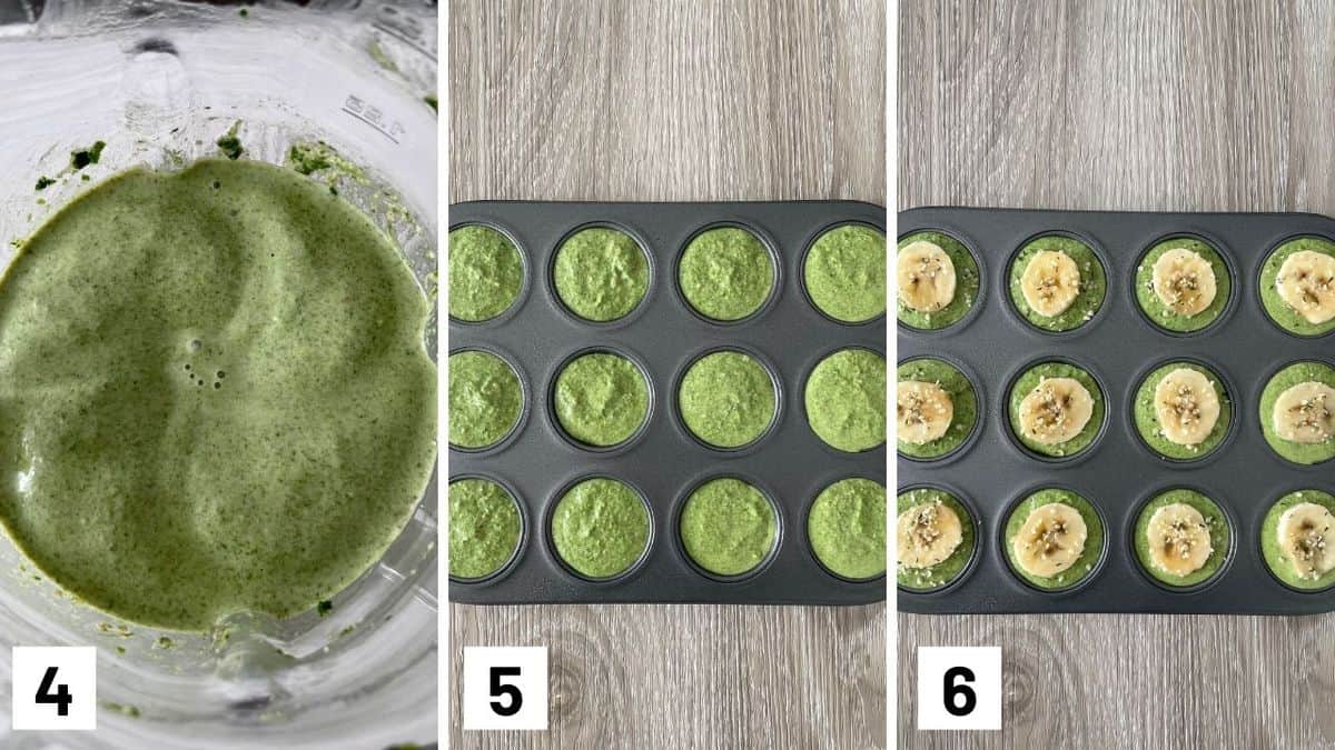 Set of two photos showing spinach blended and then added to a muffin tin with a banana slice added on top.