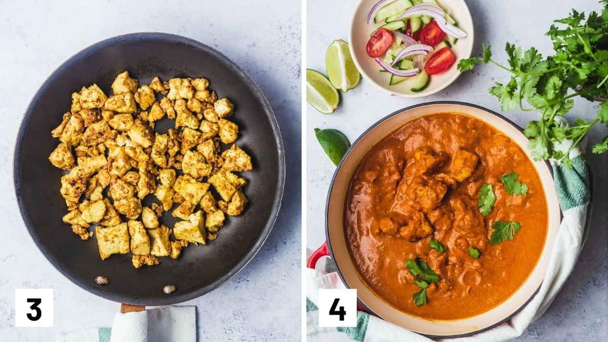 Set of two photos showing pan fried tofu and a pot of tofu butter chicken.