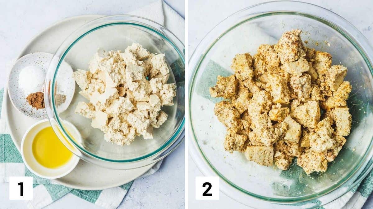 Set of two photos showing tofu crumbled beside the seasoning and then being marinated in a bowl.