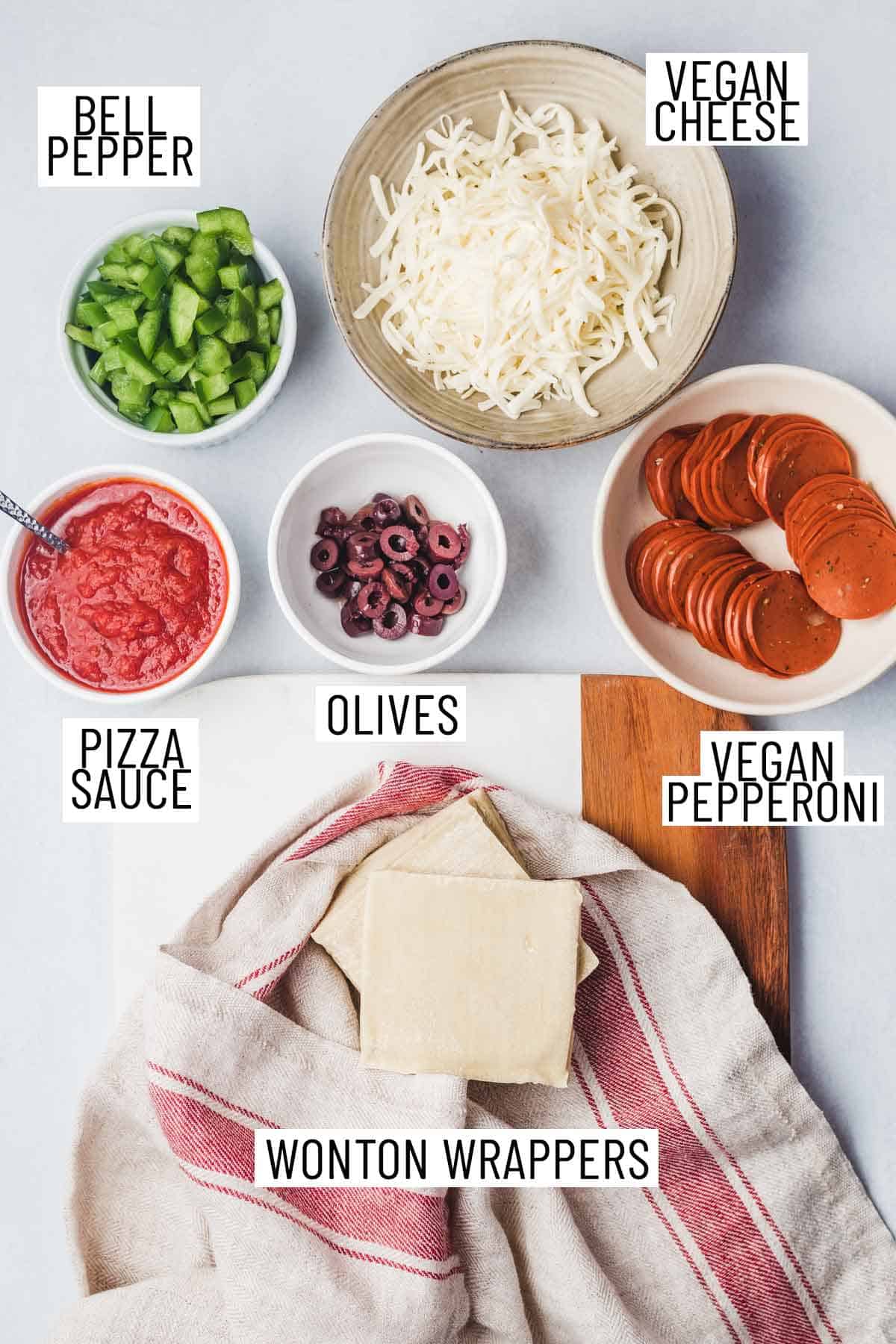 Ingredients needed to make air fryer pizza rolls.