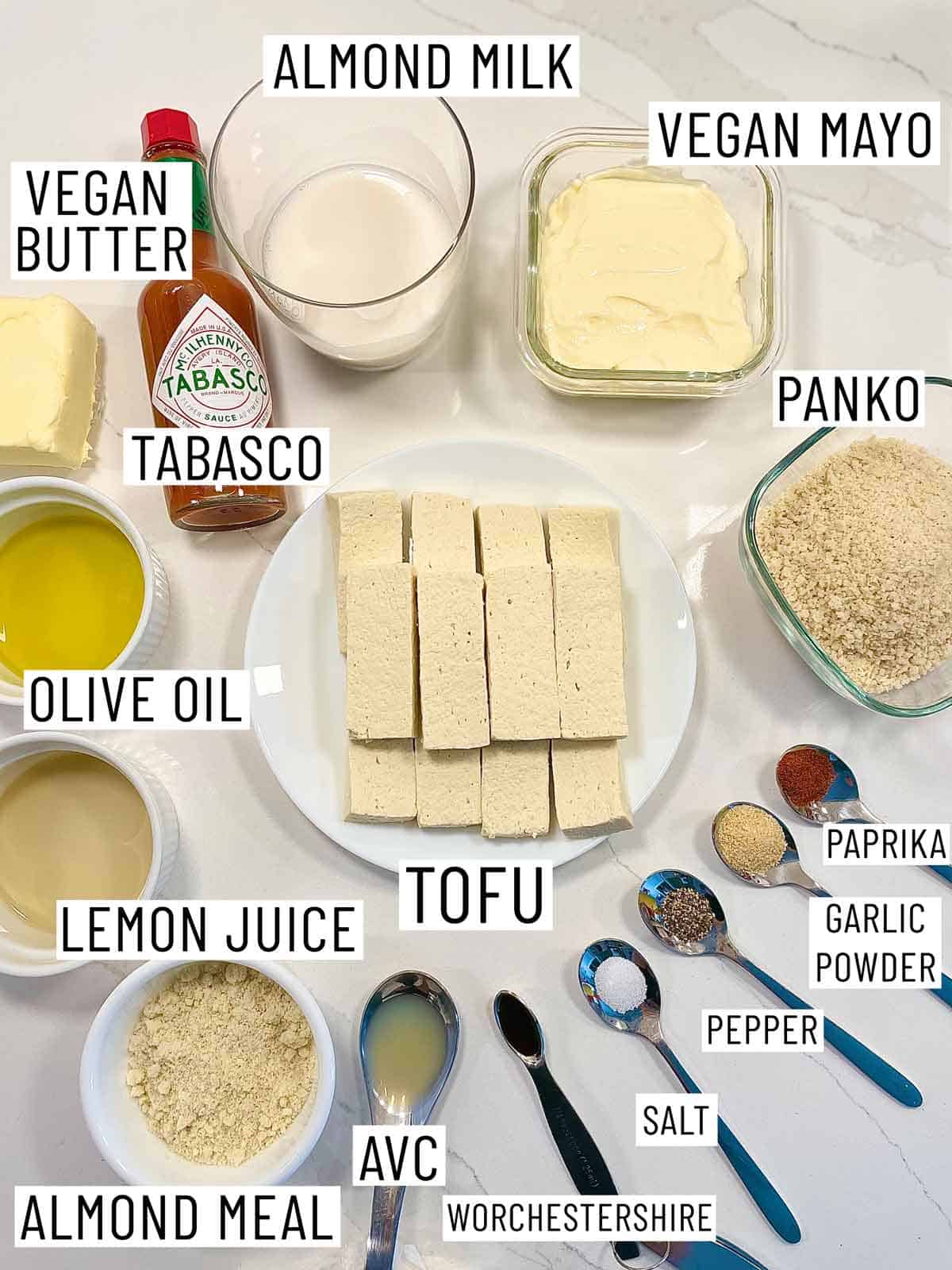 Ingredients needed to make baked buffalo tofu sticks.