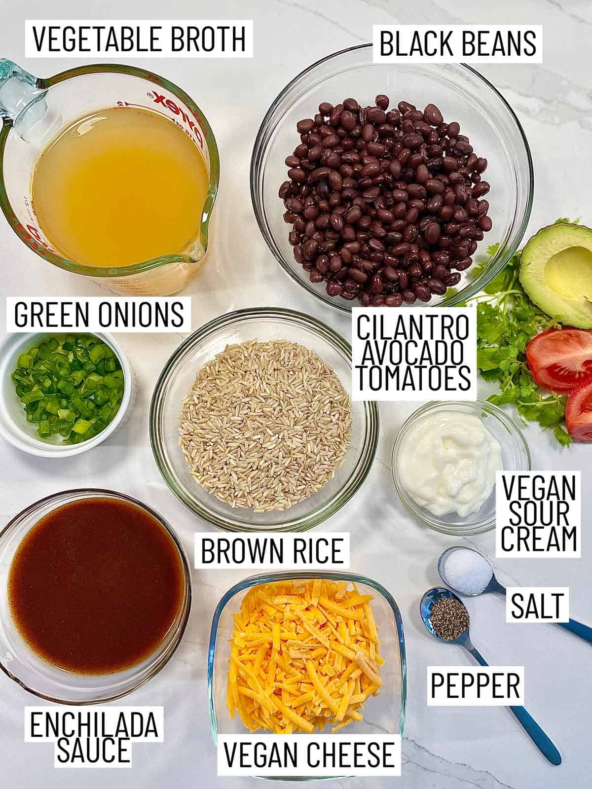 Ingredients needed to make an enchilada bowl, including vegetable broth, black beans, green onions, cilantro, avocado, tomatoes, brown rice, vegan sour cream, salt, pepper, vegan cheese, and sauce.