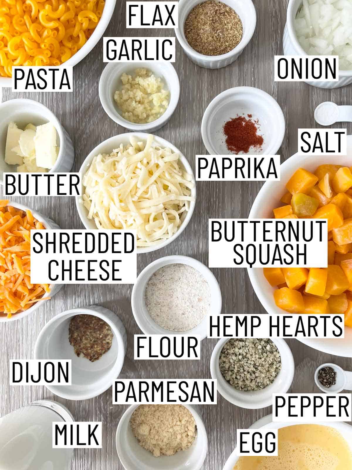 Ingredients needed to make homemade mac and cheese bites.