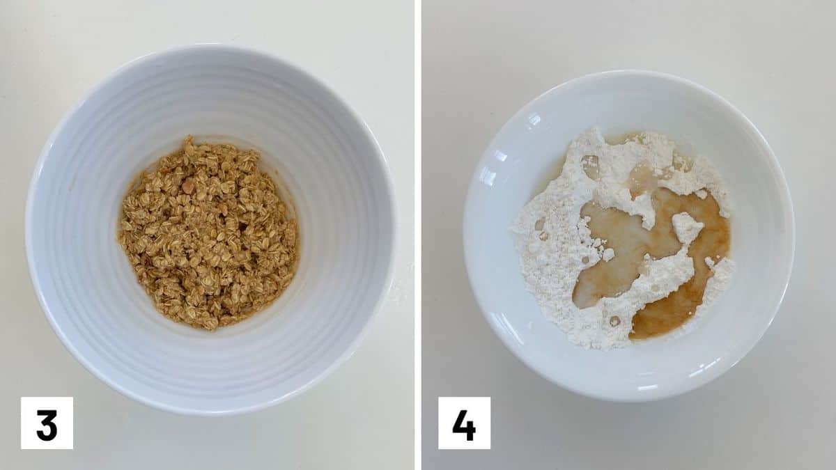 Set of two ingredients showing the streusel being mixed and the glaze mixed.