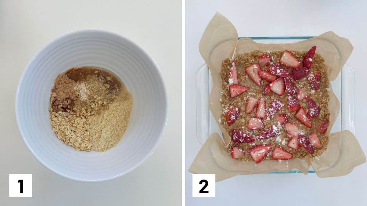 Set of two photos showing the bar ingredients mixed in a bowl then pressed in a pan, topped with strawberries.