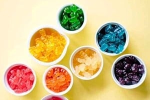 Pinterest graphic of bowls of gummy bears with the text overlay "sugar bear hair does it work?"
